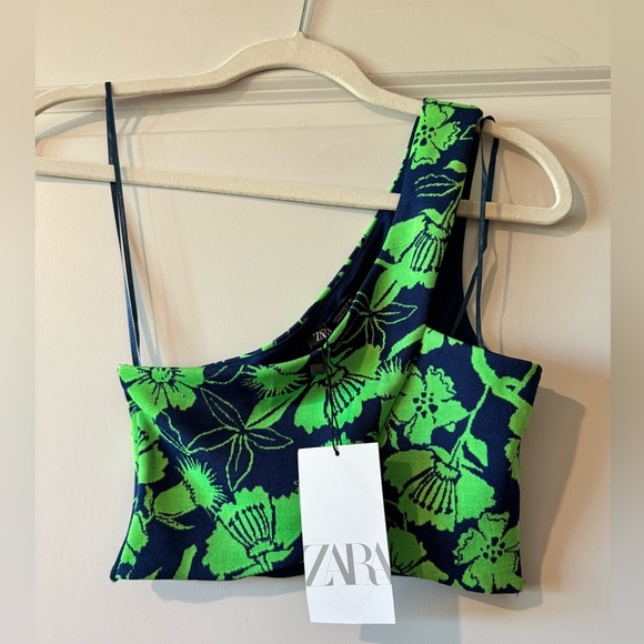 NEW Zara One Shoulder Crop Top Floral Neon Green Navy Size Small NWT - Picture 1 of 3